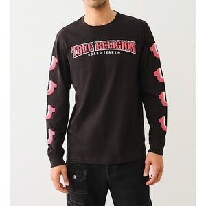 TRUE RELIGION Repeated 3D Horseshoe Long Sleeve Shirt Black Red Mens S *NEW* $69